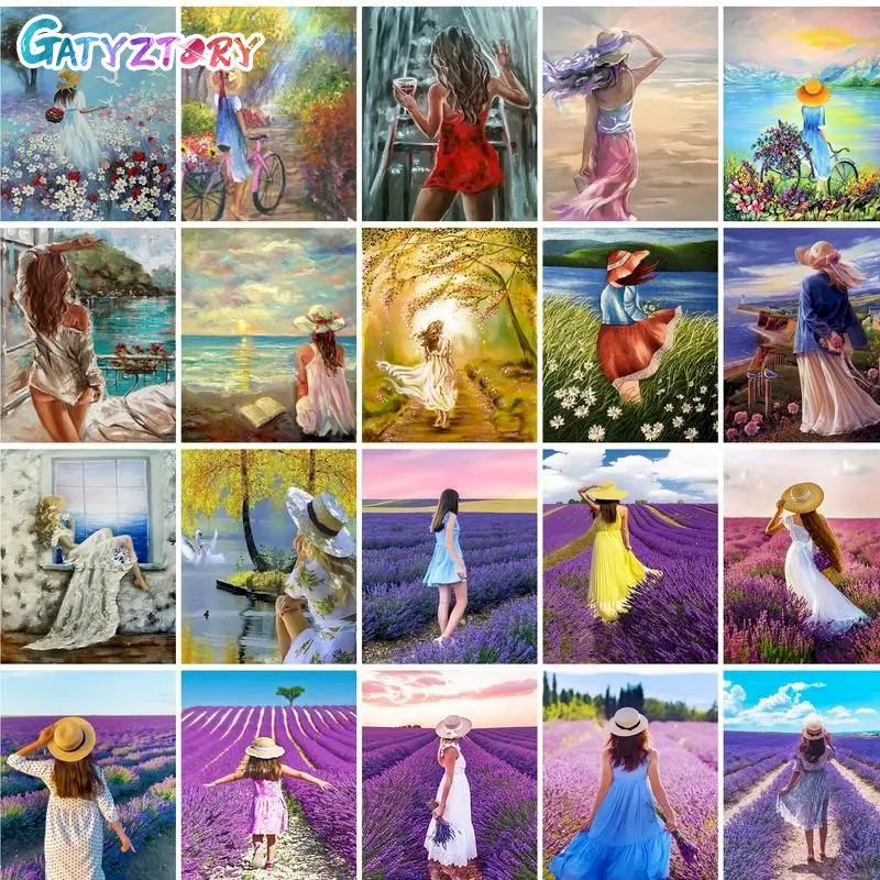 

GATYZTORY Oil Painting Girl Drawing On Canvas HandPainted Art Gift DIY Pictures By Number Flower Sea Kits Home Decoration 40x50c