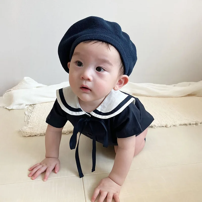 2026 여름 새  반팔 바디 슈트 코튼  소년 소녀 프레피 스타일 선원 칼라 점프 슈트  의류 0-24M