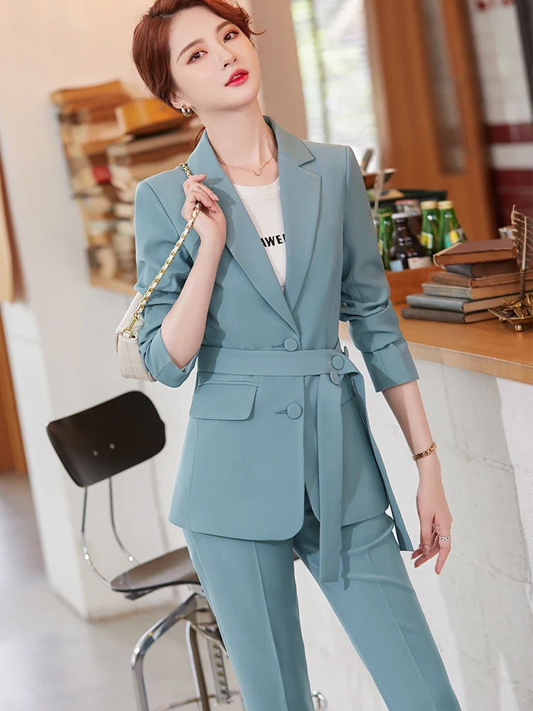 Women Purple White Blue Ladies Pant Suit With Sashes Female Single Breasted Formal Blazer And Trousers 2 Piece Set For Work Wear