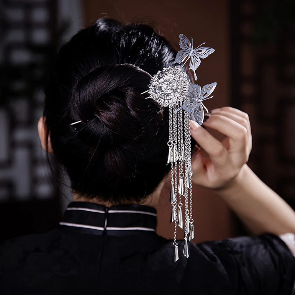 Forcina Per Capelli In Stile Etnico Miao National Dress Diademi A Forma Di U Colore Argento Nappa Hair Stick Fork Classic Chinese Hanfu Hair Jewelry