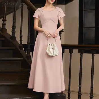 ZANZEA Abiti lunghi eleganti e chic da festa Abito lungo da donna con scollo quadrato e allacciatura in pizzo, modello A-Line, estivo, a maniche corte, Robes Femme