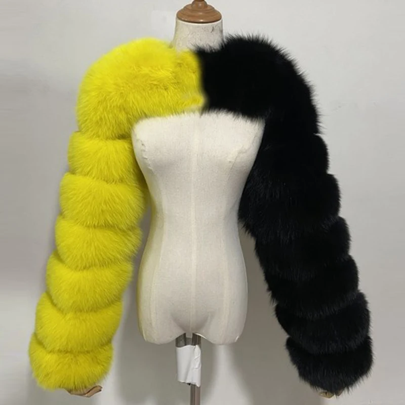 Fashion Winter High Quality Faux Fox Fur Coat Women Elegant Patchwork Long Sleeve Warm Mink Short Jackets Furry Coat Femme Top