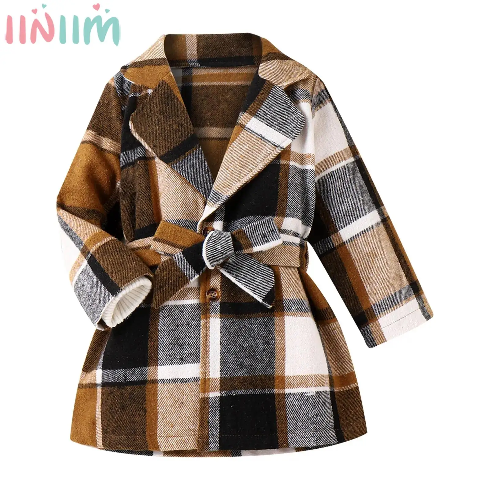 

Kids Girls Autumn Winter Woolen Warm Overcoat Long Sleeve Plaid Coat Windproof Outerwear with Belt for Daily Birthday Christmas