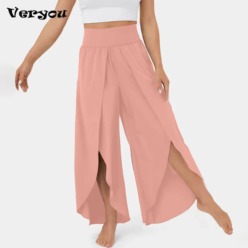 

2023 Women Pants High Waist Wide Elastic Waistband Yoga Pants Solid Color Thin Ninth-Length Women Flowy Split Wide Leg Pants