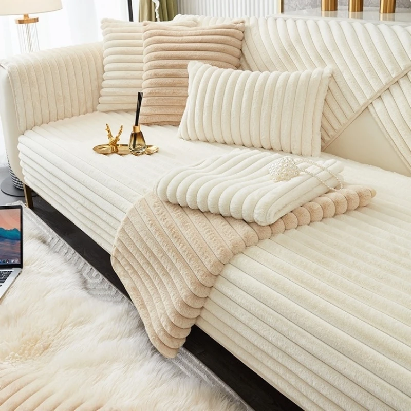 Thicken Plush Stripe Sofa Cover Image 1