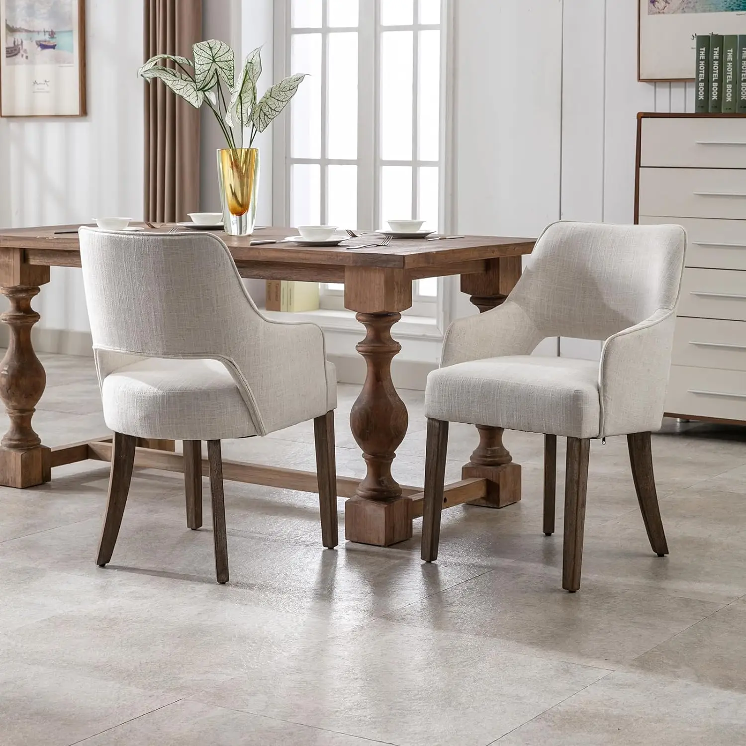 

Modern Dining Chairs Set of 2 Upholstered Linen Accent Side Chair with Mid Open Back & Wood Legs, Arm Chair for Home Kitchen