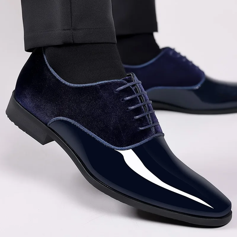 Men Leather Formal Shoes Spring Patent Leather Shiny Toe Business Men Designer Heightening Blue Shoes