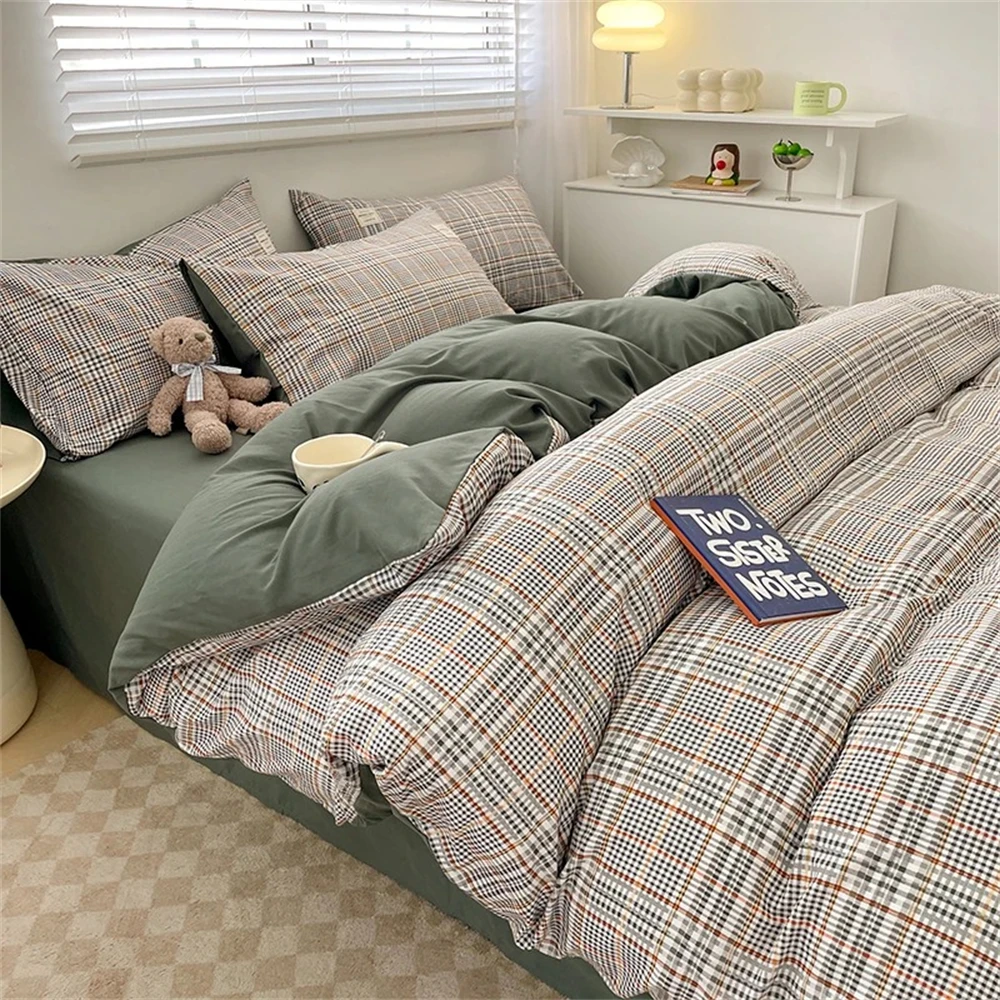 

Japan Style Plaid Queen Size Duvet Cover Set with Sheets High Quality Skin Friendly Bedding Set King Single Double Bedding Sets