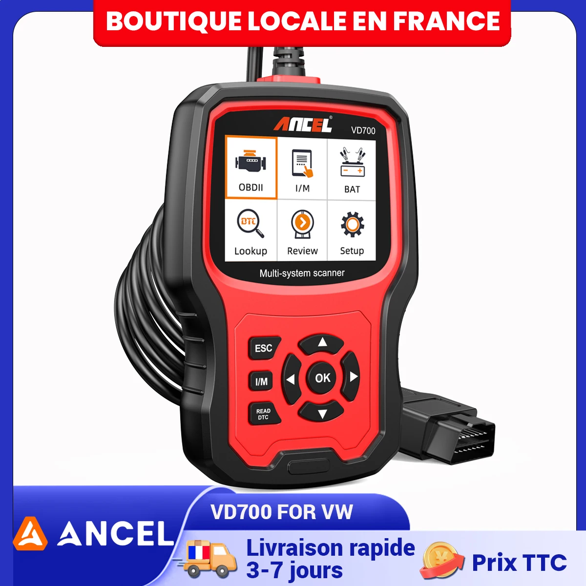 ANCEL VD700 OBD2 Skaner Kodów Diagnostycznych z Ponad 10 Funkcjami Resetowania, Wersja EU, dla Audi VW Skoda Seat, Wysyłka z Francji