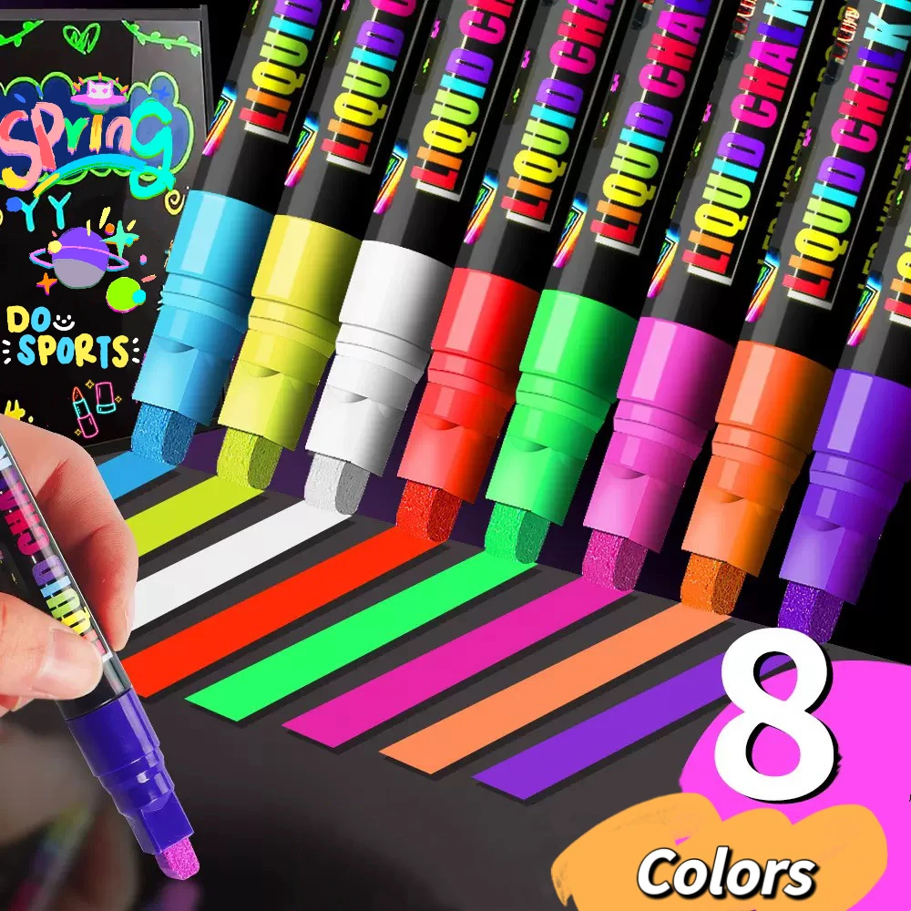 8팩 화려한 액체 분필 마커 지울 수 있는 형광펜 LED 쓰기 보드 칠판 표지판용 끌 모양 팁