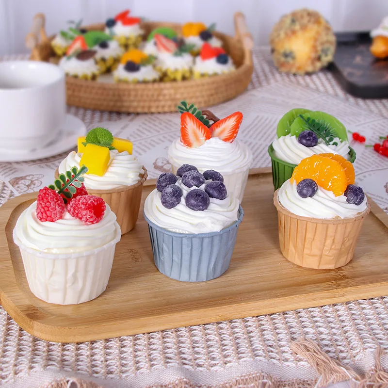 6pcs Artificial Cupcakes Fake Hat Cup Cake Mold Light Clay Fruits