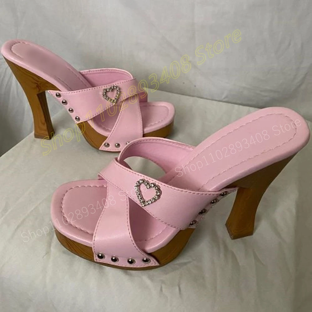 Pink Side Crystal Heart Rivets Slippers Cross Tied Elegant Chunky High Heel Sexy Women Shoes 2024 Summer Zapatos Para Mujere