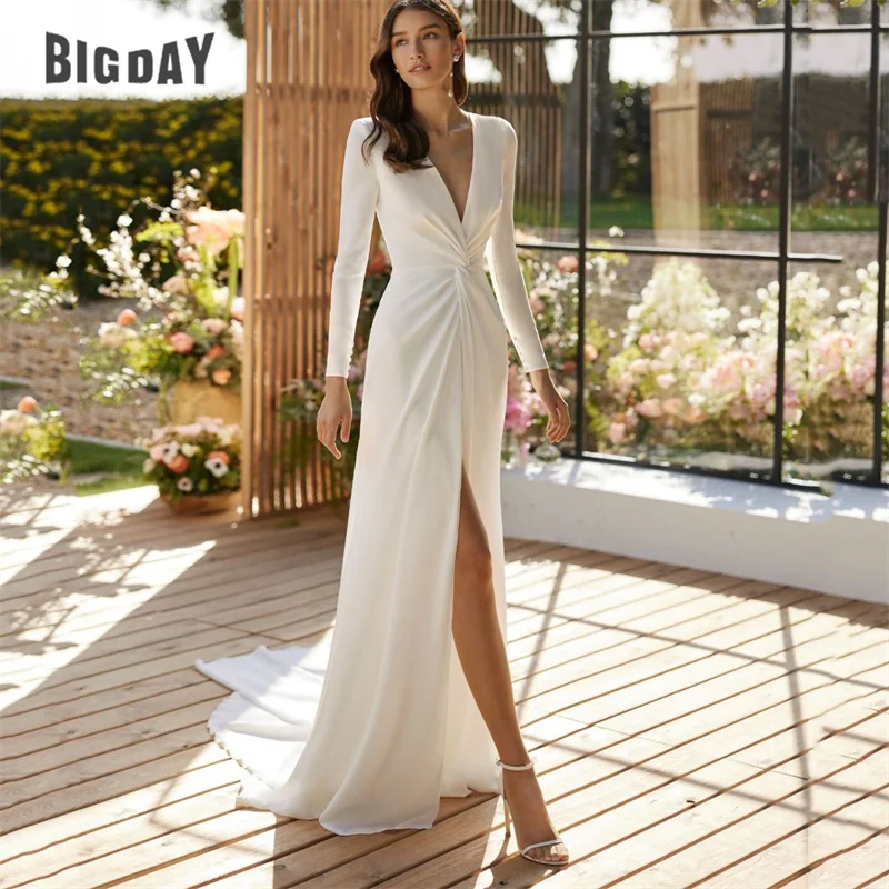 

Elegant A-Line Wedding Dress Women 2023 White Open Back Long Sleeve V-Neck Satin Bridal Gown Pleat Sweep Train Vestidos De Noiva