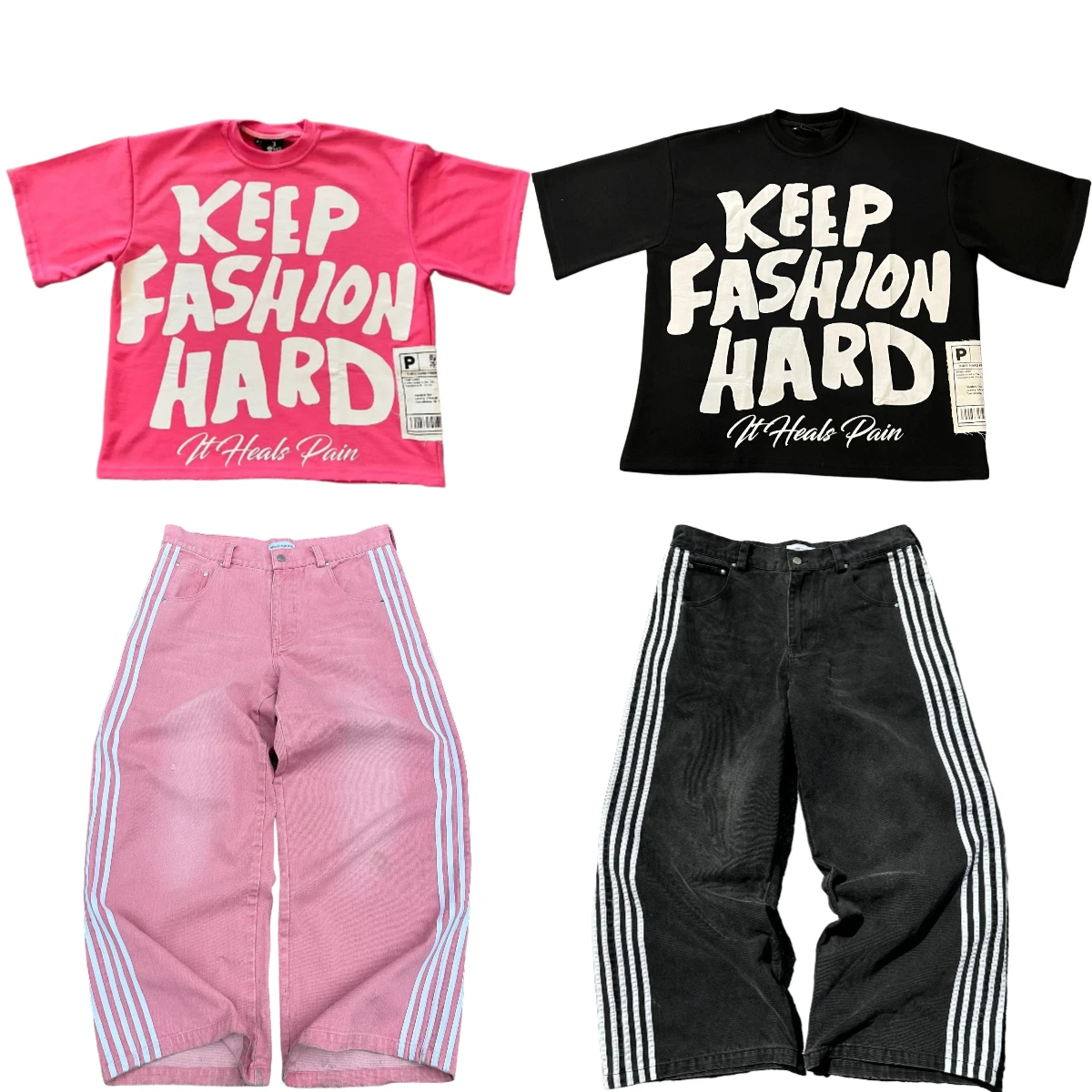 Harajuku Tapout and Wexwear set graphic stripe stitch jeans Y2K black jeans skate pants tracksuit t-shirt for men streetwear,men pants
