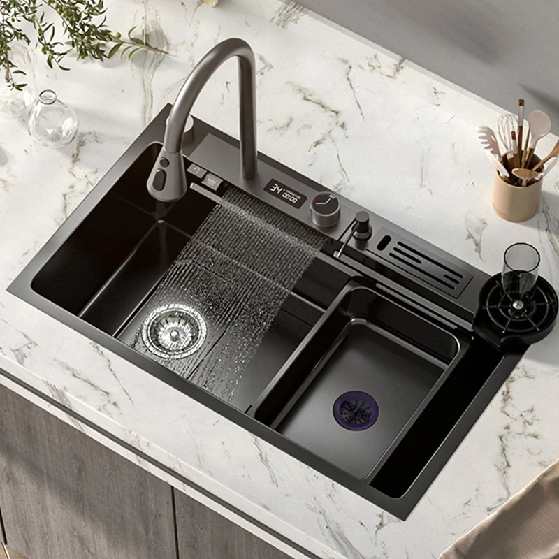 304 Stainless Steel Kitchen Waterfall Sink Digital Display Large Single Sink Dish Basin Sink With Multifunction Touch Waterfall 2