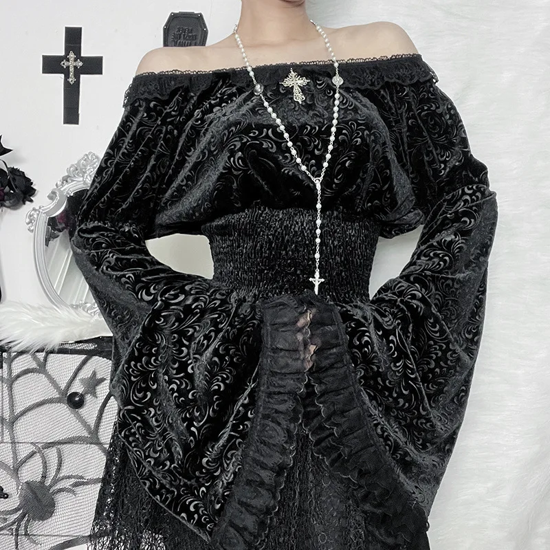 

New Fashionable Hipster Shirt Dark Gothic Style Sexy Slim Lace Splicing Embossed Flared Sleeve Blouse Female