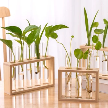 Hydroponic Plant Vase Set with Wooden Frame – Glass Test Tube Bonsai Desktop Decor 1