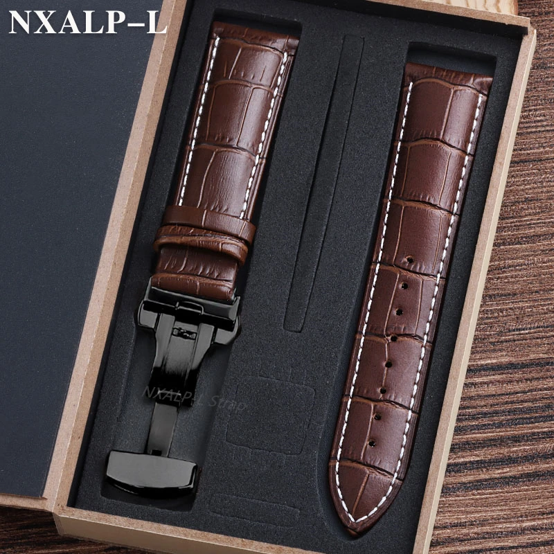Luxurious Genuine Leather Watch Strap with Elegant Butterfly Clasp and Wooden Gift Box