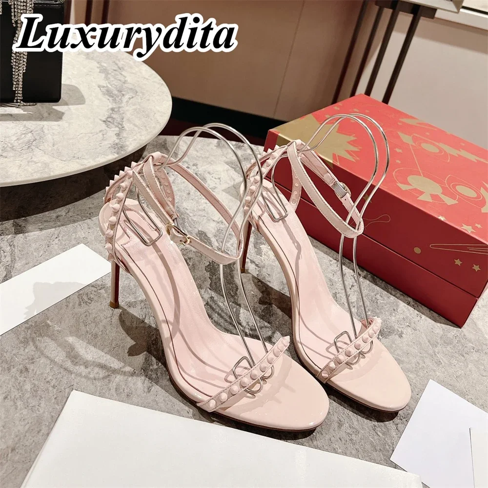 

LUXURYDITA Women rivet Sandal Luxury 10cm High Heels Designer Customize Red Heel Socialite Dinner shoes H294