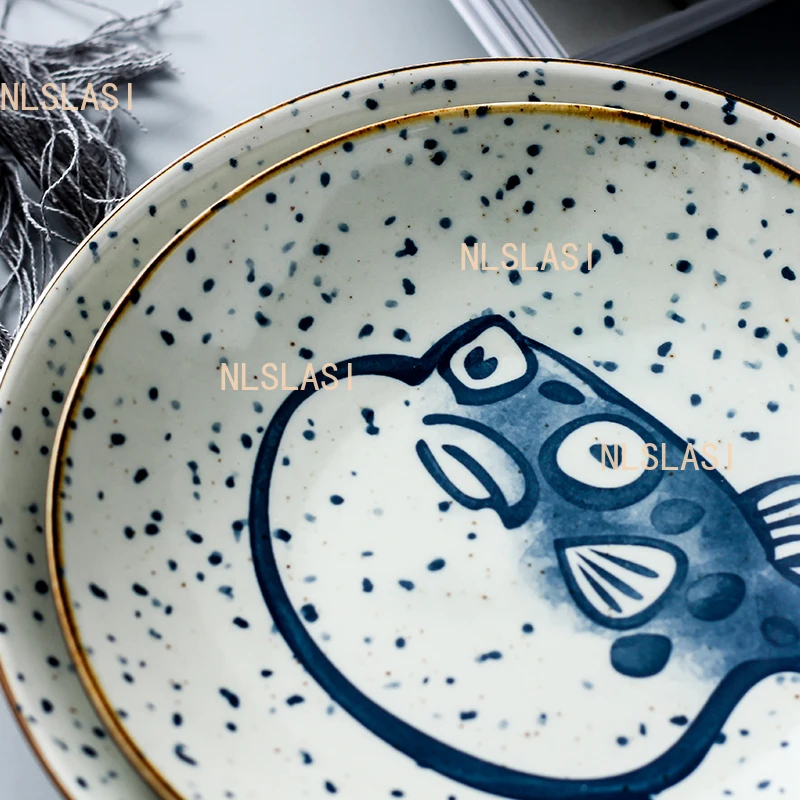 1pcs Ceramic Circular Dish Home Sushi Plate Japanese Seafood Dessert Plate Underglaze Colour Household Items Dinner Plates Set