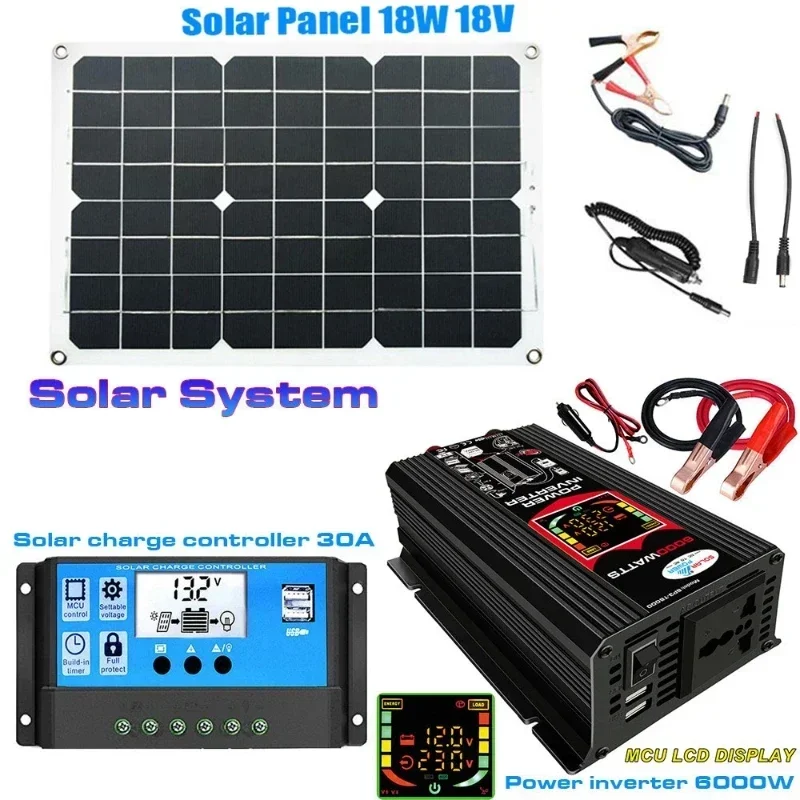 Solar Power Generation System 6000W Power Inverter Grid Solar Inverter with Smart LCD Display Dual USB 12V To 110/220V with 30A Solar Controller Solar Controller Set