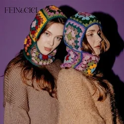 Colorful wool knit Balaclava Granny Winter warm wooden Crochet Square Hoodie hat, Winter Ski Mask Full Face Cover Mask 0052