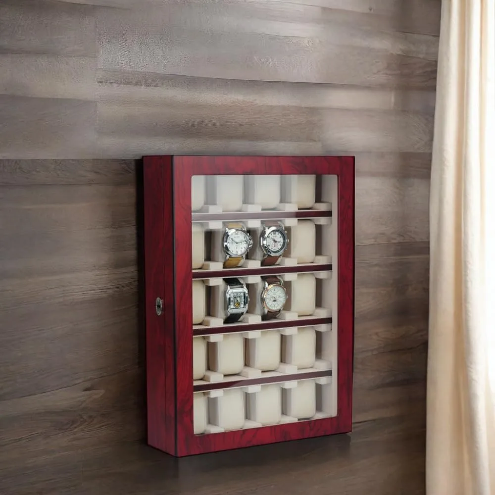 20 piece cherry wood watch display wall hanging case and storage organizer box and stand for oversized watches