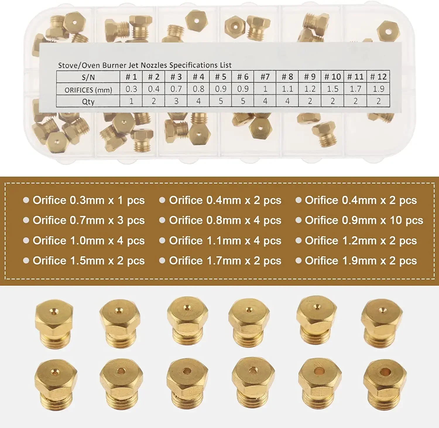 Solid Brass LP Gas Range Orifice Conversion Replacement Gas Spray Tips Gas Burner Nozzle Kit 0.3-1.9mm M6x0.75mm 36pcs/1box gas burner nozzle kit