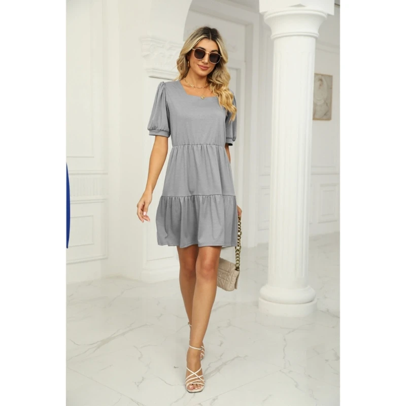 

Womens Puff Short Sleeve Square Neck Casual Loose Flowy Midi Dress Solid Color A-Line Tiered Ruffle Hem Swing Dresses