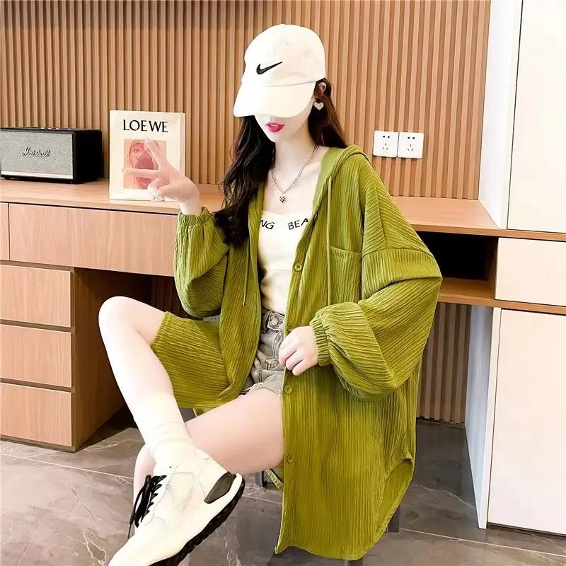 2024 Female Korean Mid Length Hooded Sunscreen Clothing Women Spring Summer Thin Loose Casual Stylish Shirt Sun Protection Coat