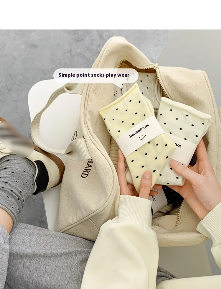 Cream Polka Dot Crew Socks Cotton Breathable Autumn Winter Style_voghion.com