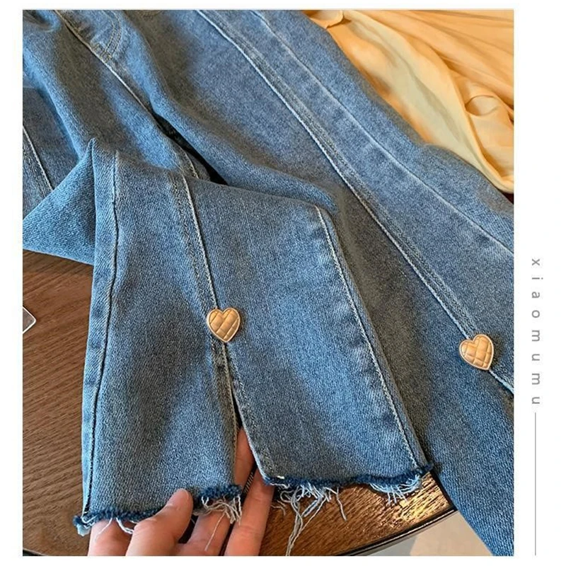 귀여운 하트 장식 소녀 데님 바지 패션 어린이 청바지, 탄성 데님 플레어 바지, 용수철 단색  청바지