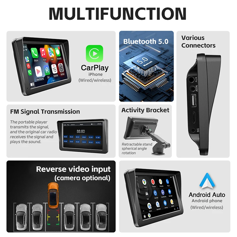 Car Multimedia Player 7 Inch Carplay Smart Screen Sunshade Portable Auto MP5 Player Support Carplay/Android Auto Portable Screen