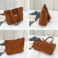 Women's Large Capacity Corduroy Shoulder Bag Casual Handbag Solid Color Female Shopping Bag - Image 4