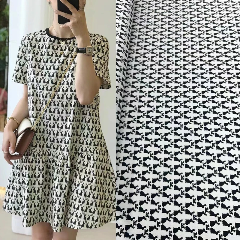 

Fashion New Rabbit Pattern Silk Fabric Letter M Shirt Dress Suit Skirt Light Luxury Stretch Twill Clothing Sewing Fabric Woven