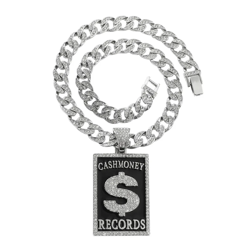 Goth Dollar Sign Cash Money Records Iced Out Pendant Necklace Cuban Chain Hip Hop Jewlery Street Rapper Boyfriend Gift 3