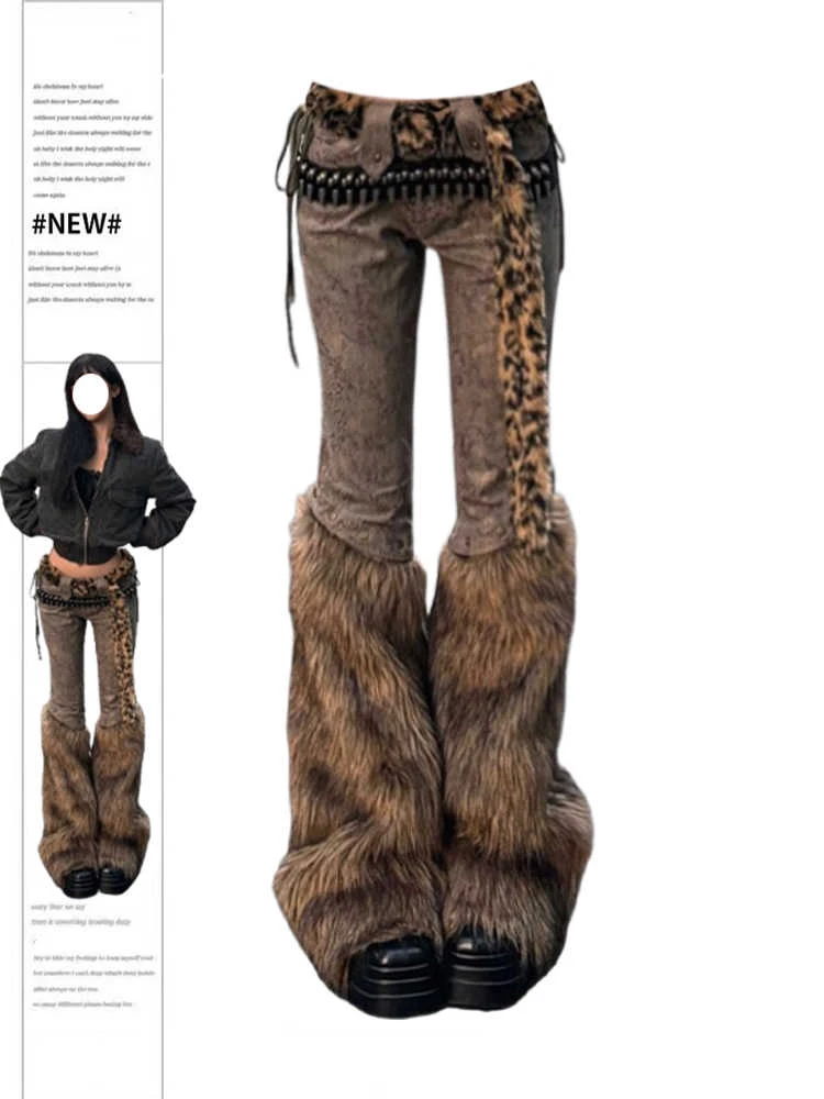 Women Faux Fur Patchwork Y2k Jeans Harajuku Oversize Denim