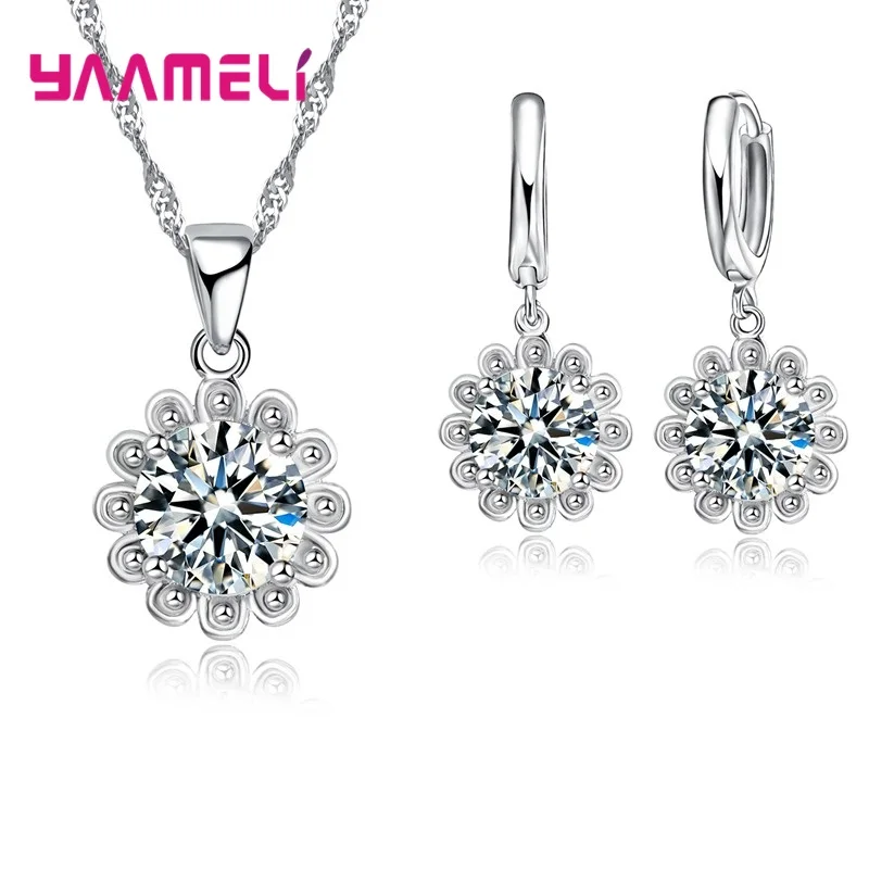 925 Sterling Silver Crystal Flower Square Pendant Necklace Earrings Jewelry Set For Women Girls Wedding Engagement