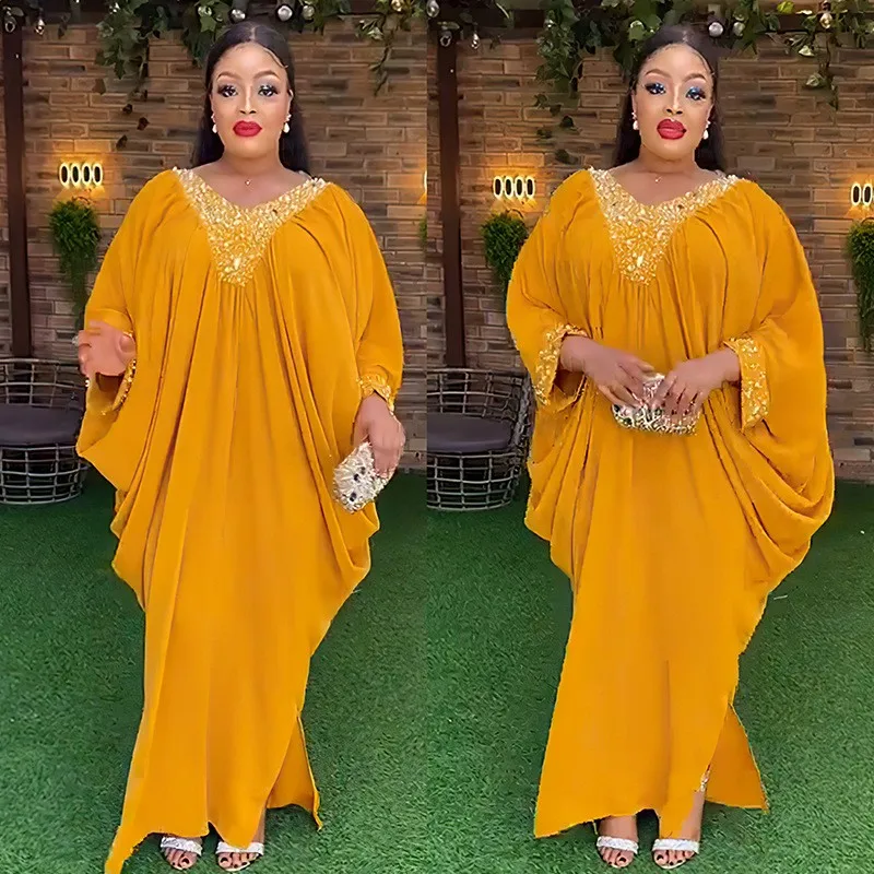 

Dashiki African Dresses For Women Oversized Muslim Abaya Elegant Loose Diamond Pleated Long Maxi Dress Robe Boubou Africain Femm