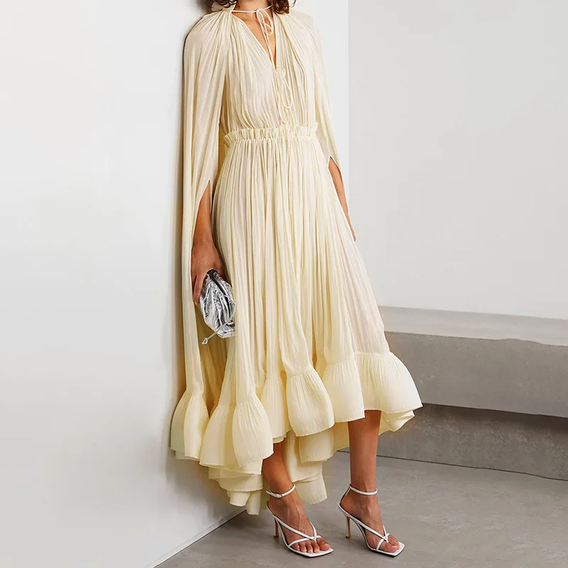 

Cape Style Long Dress 2024 New V-neck Ruffled Elegant Dress