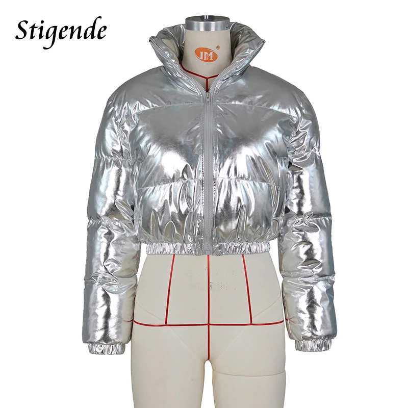 Stigende 여성용 반짝이는 코튼 패딩 골드 코트, 따뜻한 지퍼 크롭탑 재킷, 패치워크 푸퍼 파카, 외투 조끼, 겨울