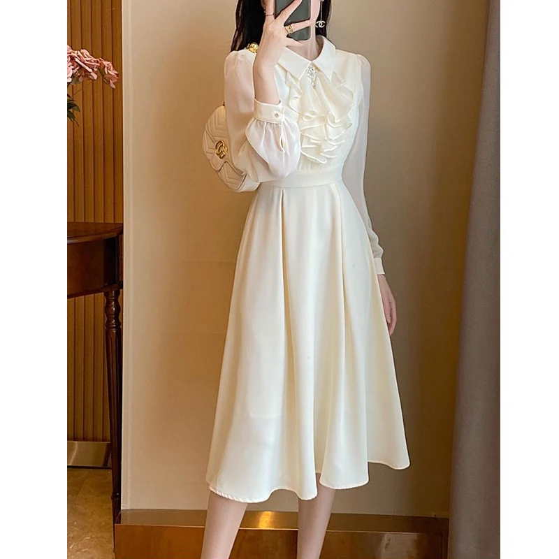 Vintage Ruffles Bow Elegant Fairy Party Dresses for Women 2023 Autumn Fashion White High Waist Slim Commuter Midi Dress Vestidos