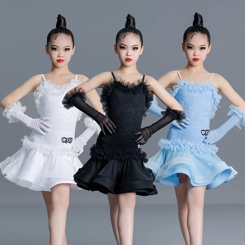 

Blue White Black Latin Dance Dress Girls Performance Latin Dance Costume Kids Rumba Samba Chacha Ballroom Dancing Wear2024