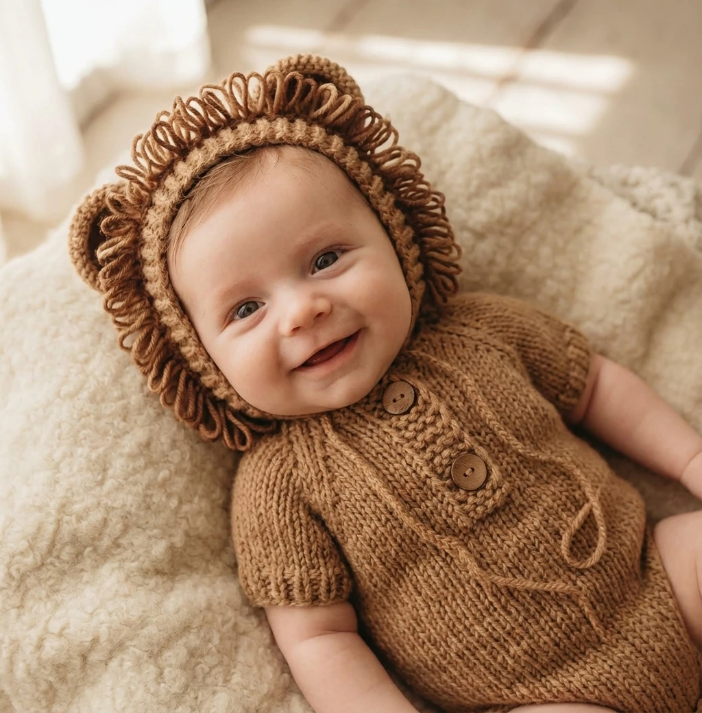 수제 니트  사자 사진 소품 세트  동물 의상 롬퍼 모자  남아 여아 사진 촬영 의상 선물