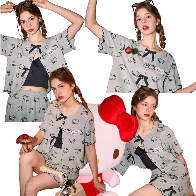 

Hellokittys Girl Pajamas Sanrios Anime Kawaii Cartoon Figure Summer Fresh Sweet Girly Heart Leisure Breathable Loungewear Set
