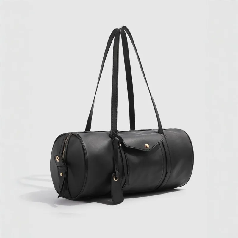 Retro Black Shoulder Bag For Women Zip Cylinder Leather Large Capacity Handbag Ladies Fashion Simple Versatile Crossbody Bag New