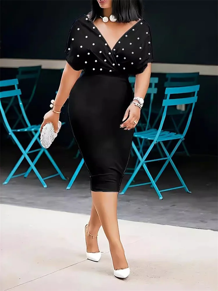 Wmstar Dress Women 2024 Solid Color Strapless V Neck Half Sleeve Back Zipper Bubble Bead Fashion Dresses Wholesale Dropshipping