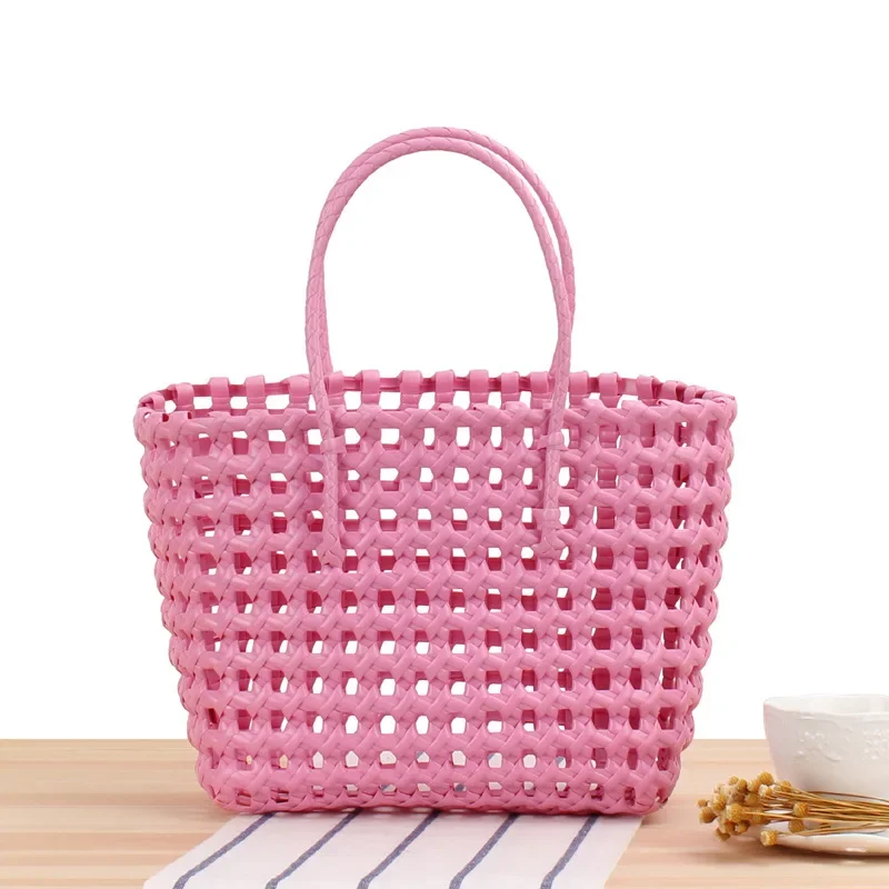 Women's Shopping Basket PVC Woven Hand Bag Carrying Colorful Waterproof Beach Bag Plastic Storage Basket Daily Necessities Bags