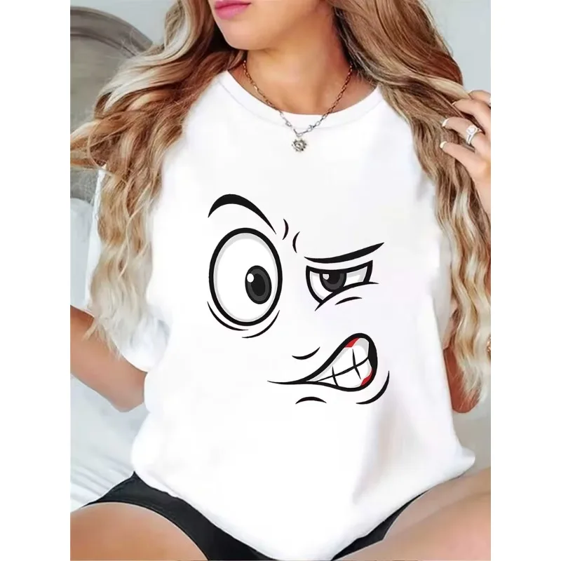 Lustiges Grumpy-Cartoon-Gesicht T-Shirt mit Sarkastischem Wütenden Ausdruck, Lässiger Rundhalsausschnitt, Kurzarm, Minimalistisches Line-Art-Shirt
