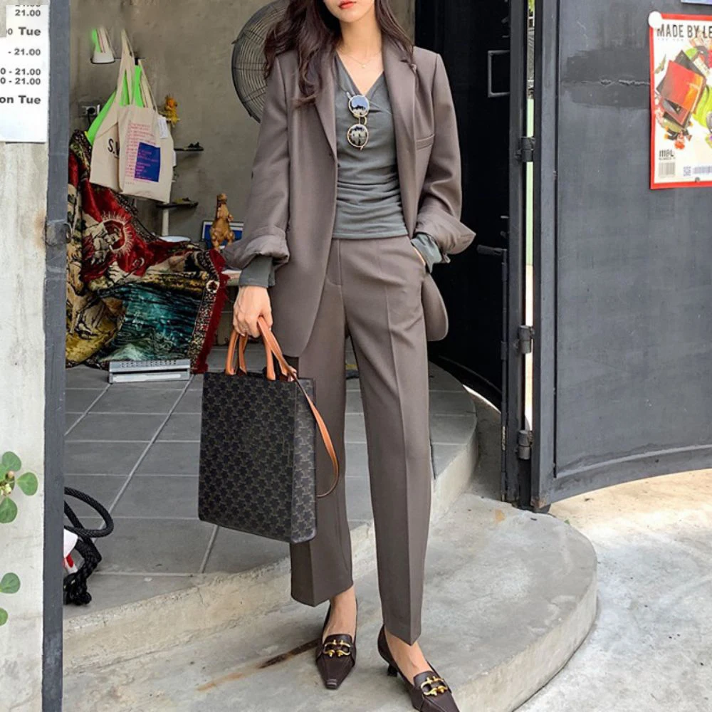 Elegant 2 Pieces Set Women Casual Pant Suits Single Button Jacket & High Waist Loose Trousers 2023 Spring Stylish Blazer Suit